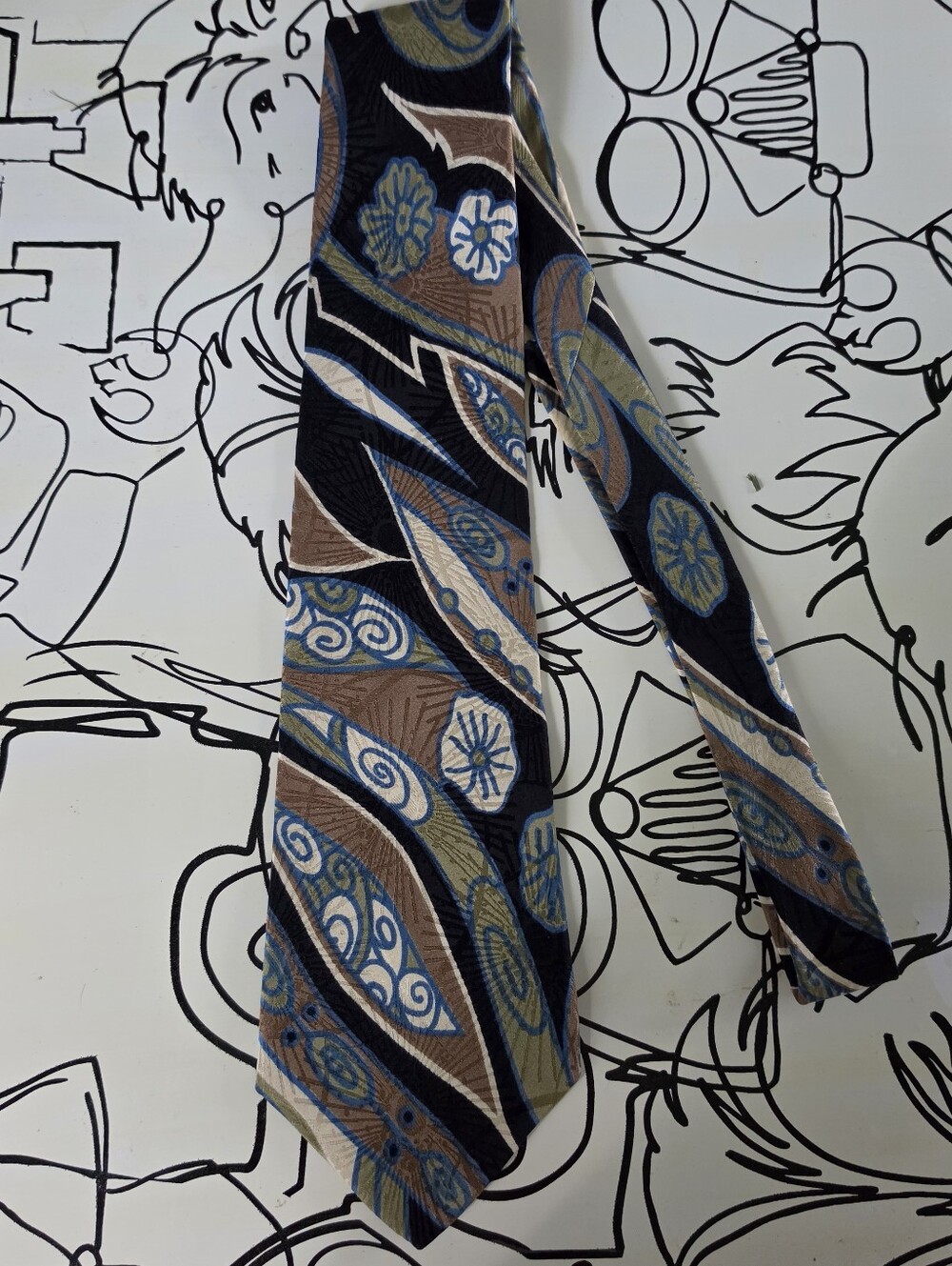 Saville Vintage Silk Tie Mens Paisley Floral Blue Brown Italian Fabric USA 60"
